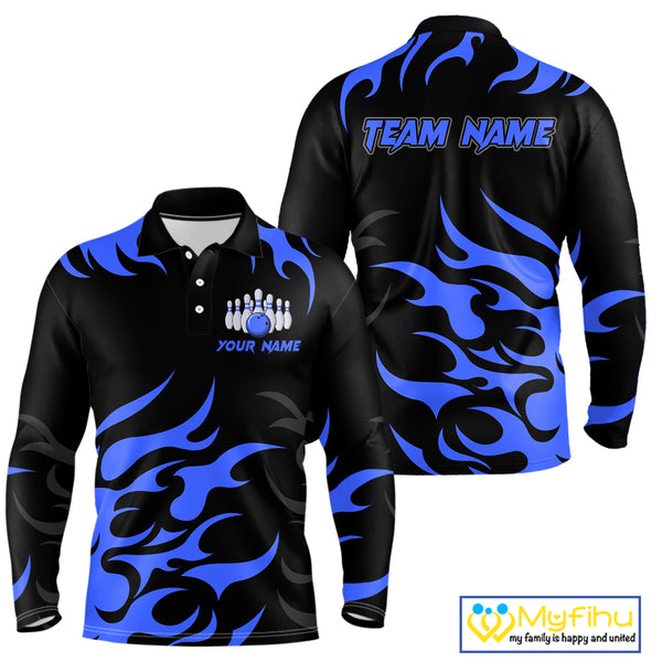 Black and Blue Flame Bowling shirts for Men Custom team bowling jerseys, mens bowling apparel NQS10267