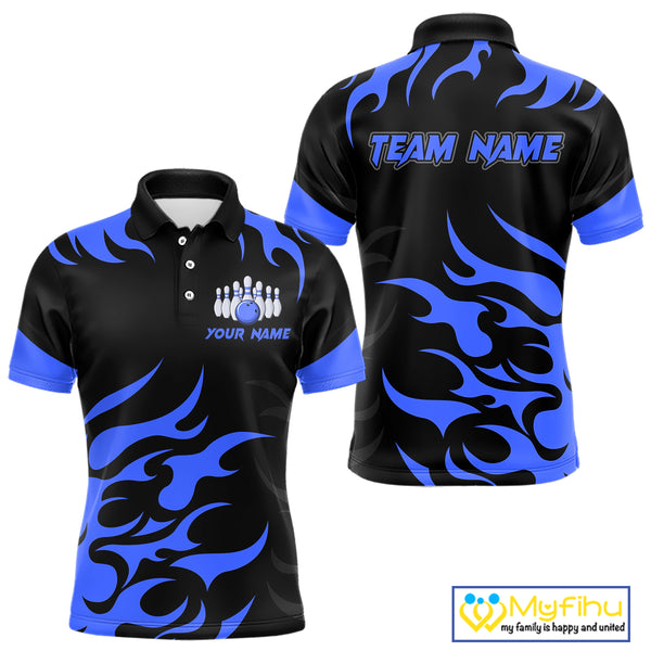 Black and Blue Flame Bowling shirts for Men Custom team bowling jerseys, mens bowling apparel NQS10267