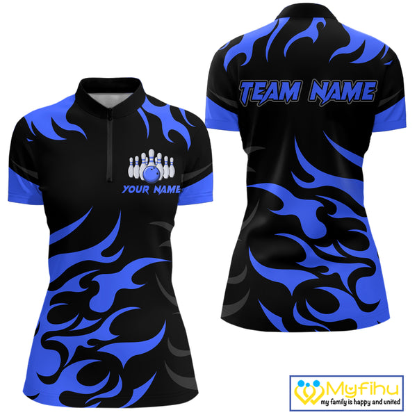 Black and Blue Flame Bowling shirts for Women Custom team bowling jerseys, ladies bowling apparel NQS10267