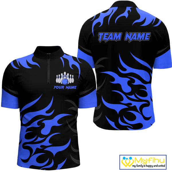 Black and Blue Flame Bowling shirts for Men Custom team bowling jerseys, mens bowling apparel NQS10267