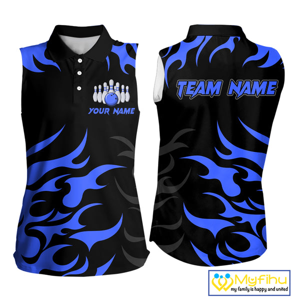 Black and Blue Flame Bowling Sleeveless Polos Custom team bowling jersey, ladies bowling apparel NQS10267