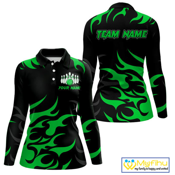 Black and Green Flame Bowling shirts for Women Custom team bowling jerseys, ladies bowling apparel NQS10268