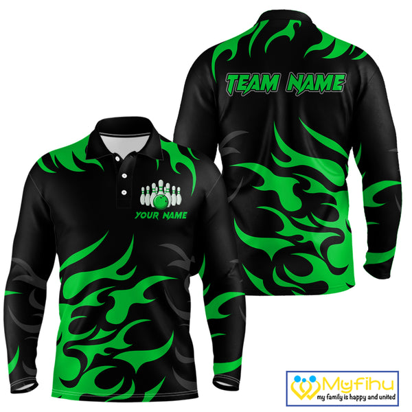 Black and Green Flame Bowling shirts for Men Custom team bowling jerseys, mens bowling apparel NQS10268