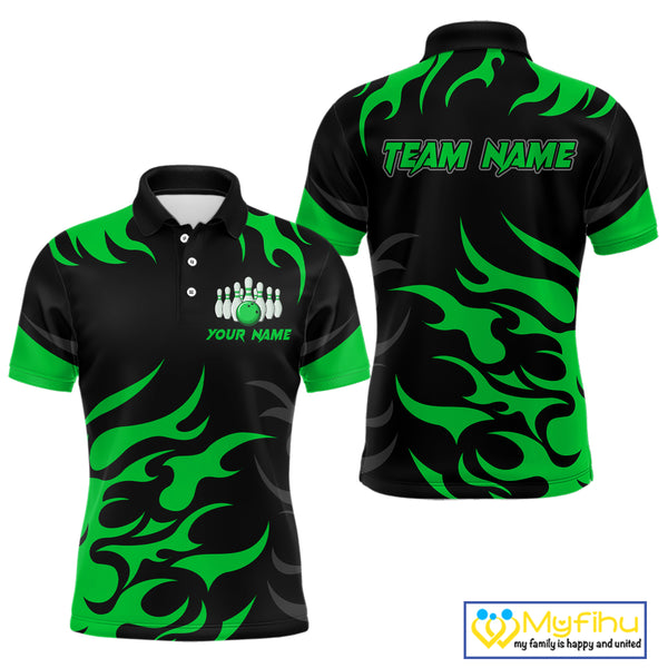 Black and Green Flame Bowling shirts for Men Custom team bowling jerseys, mens bowling apparel NQS10268