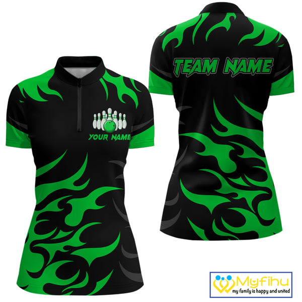 Black and Green Flame Bowling shirts for Women Custom team bowling jerseys, ladies bowling apparel NQS10268