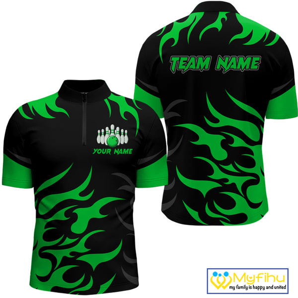 Black and Green Flame Bowling shirts for Men Custom team bowling jerseys, mens bowling apparel NQS10268
