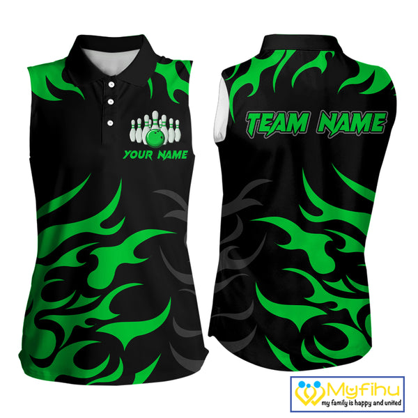 Black and Green Flame Bowling Sleeveless Polos Custom team bowling jersey, ladies bowling apparel NQS10268