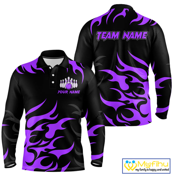 Black and Purple Flame Bowling shirts for Men Custom team bowling jerseys, mens bowling apparel NQS10269