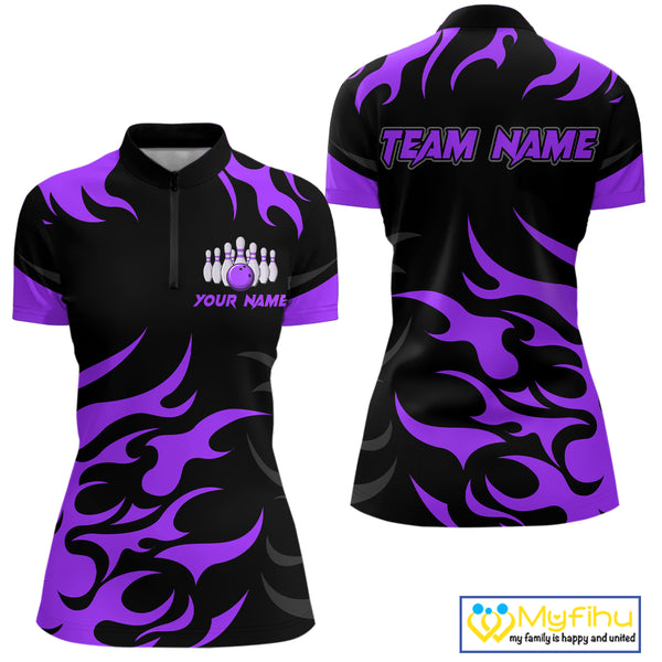 Black and Purple Flame Bowling shirts for Women Custom team bowling jerseys, ladies bowling apparel NQS10269
