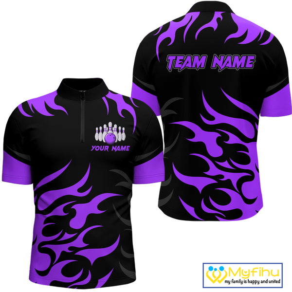 Black and Purple Flame Bowling shirts for Men Custom team bowling jerseys, mens bowling apparel NQS10269