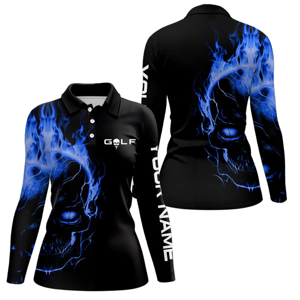 Blue fire skull black golf shirts custom Women golf polo shirt, ladies golf tees NQS6387