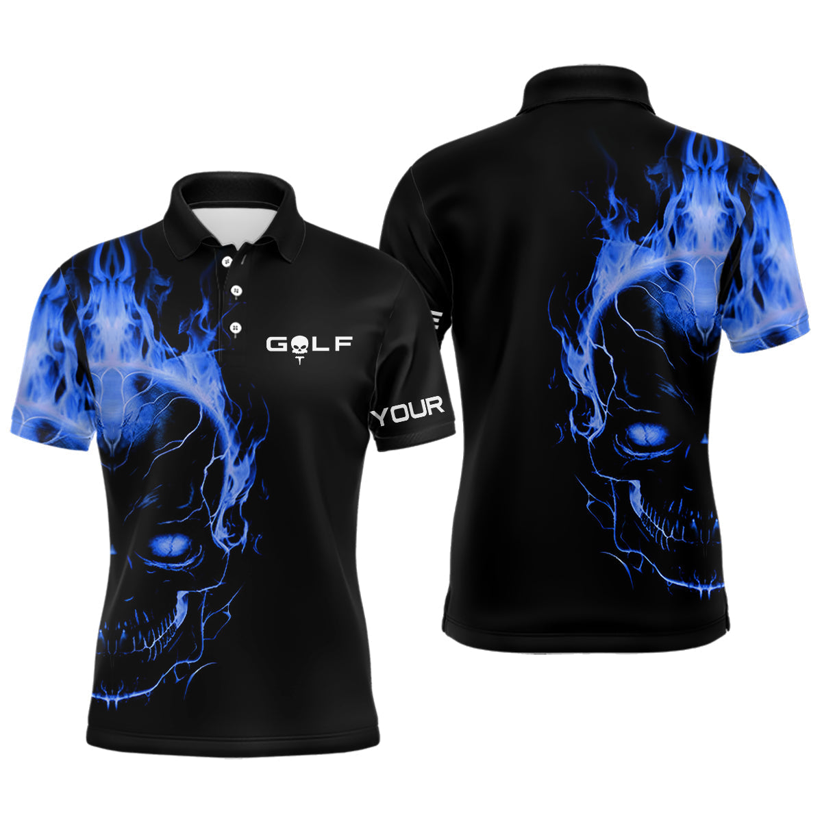 Blue fire skull black golf shirts custom Mens golf polo shirts, mens golf polo tees NQS6387