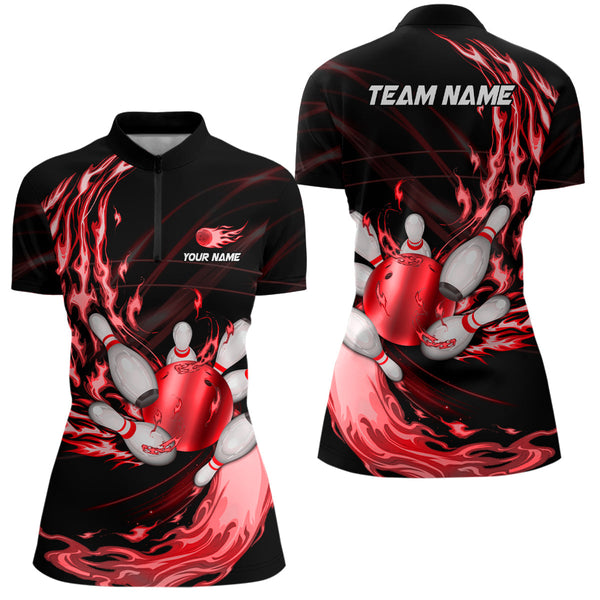 Black Womens bowling shirts Custom Red flame Bowling ball and pins Team league bowler Jerseys NQS8484