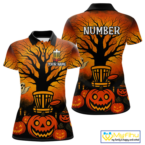 Black and Orange Funny pumpkin Halloween disc golf polo shirts for Women Custom Team Disc Golf attire NQS10677