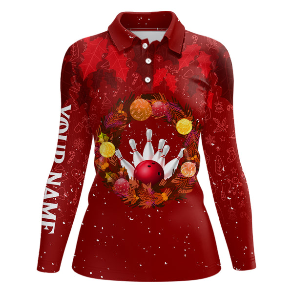 Red Christmas Wreath Women's Bowling Polo, Quarter-Zip Shirt Custom Christmas bowling tops for Team NQS8960