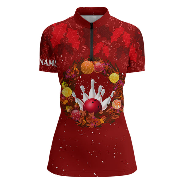 Red Christmas Wreath Women's Bowling Polo, Quarter-Zip Shirt Custom Christmas bowling tops for Team NQS8960