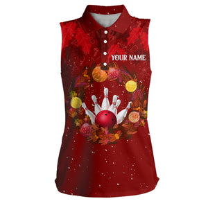 Red Christmas Wreath Women's Bowling Sleeveless Polo Shirt Custom Christmas bowling tops for Team NQS8960