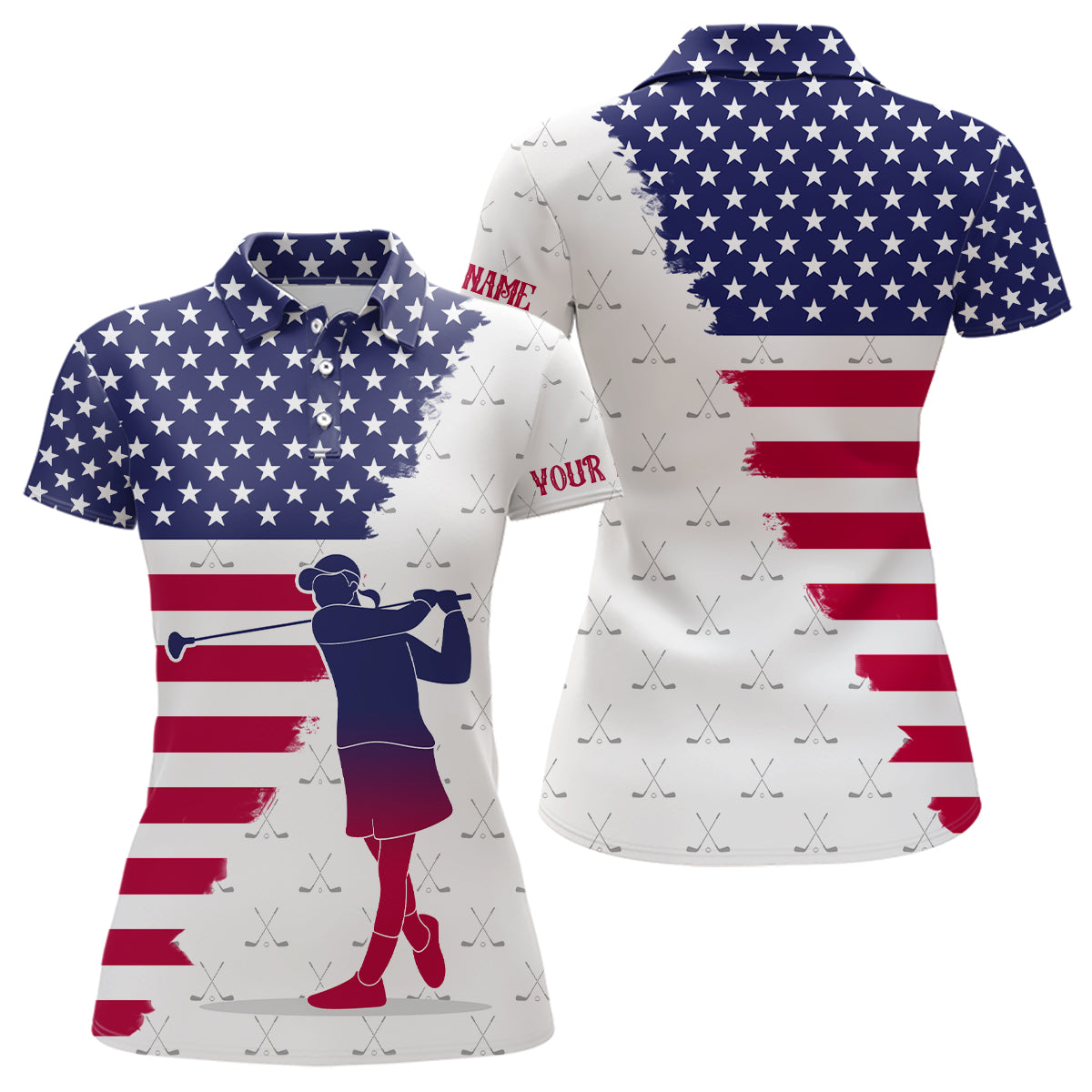 Red, White & Blue American Flag Women Golf Polo Shirts Custom patriotic golf attire for ladies NQS9203