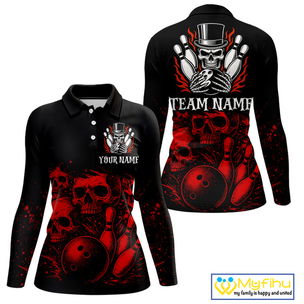 Black and Red Flame Skull Bowling Polo, Quarter Zip Shirts For Women Custom Skull Bowling Team Jerseys NQS9985