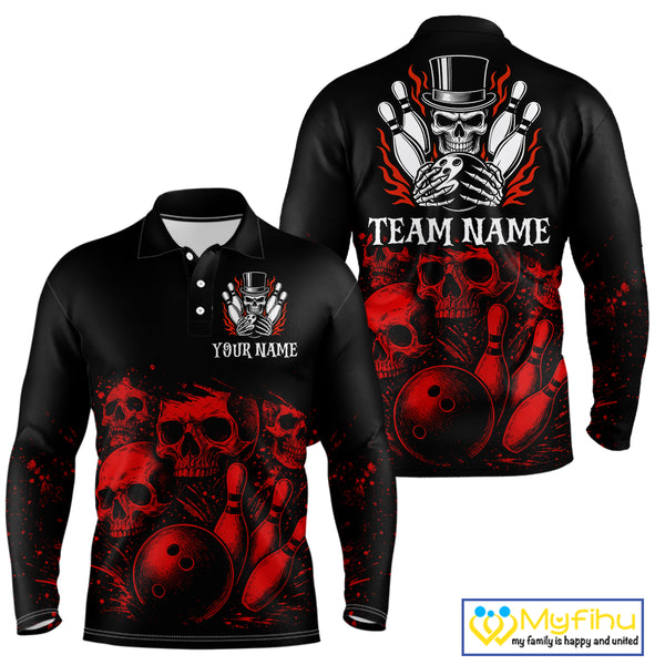 Black and Red Flame Skull Bowling Polo, Quarter Zip Shirts For Men Custom Skull Bowling Team Jerseys NQS9985