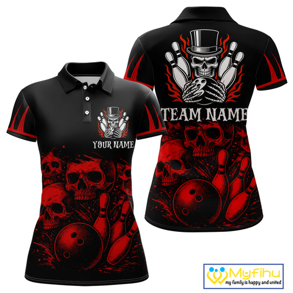 Black and Red Flame Skull Bowling Polo, Quarter Zip Shirts For Women Custom Skull Bowling Team Jerseys NQS9985