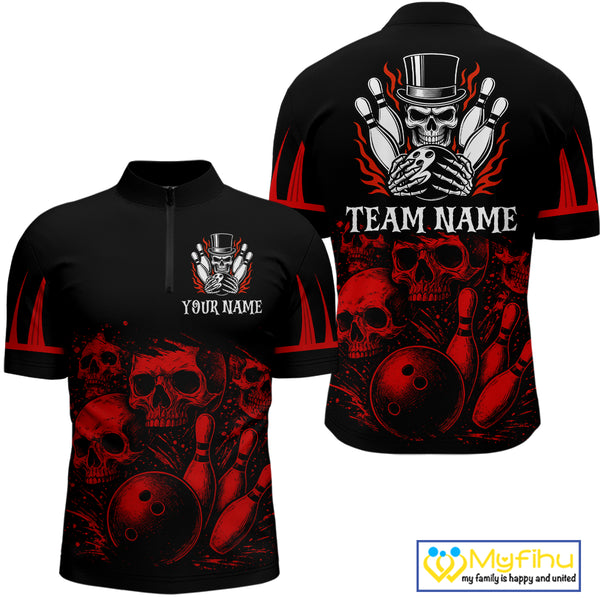 Black and Red Flame Skull Bowling Polo, Quarter Zip Shirts For Men Custom Skull Bowling Team Jerseys NQS9985