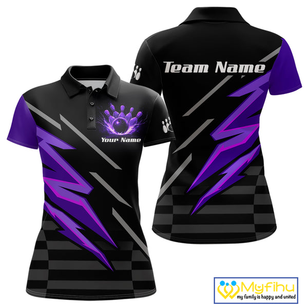 Black and Purple Lightning Bowling Polo, 1/4 Zip Shirt for Women Custom Bowling Team League Jersey NQS10907
