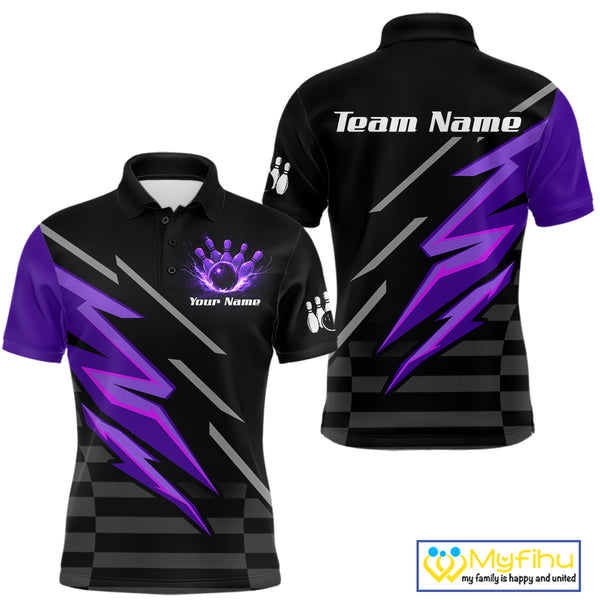 Black and Purple Lightning Bowling Polo, Quarter Zip Shirt for Men Custom Bowling Team League Jersey NQS10907
