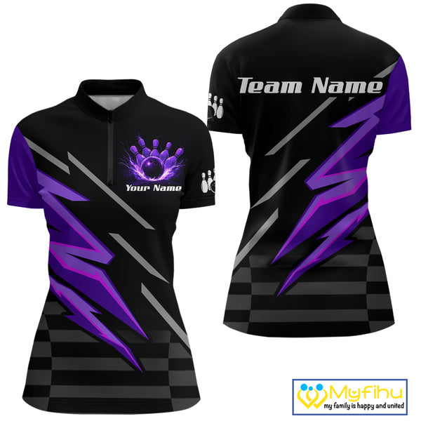 Black and Purple Lightning Bowling Polo, 1/4 Zip Shirt for Women Custom Bowling Team League Jersey NQS10907