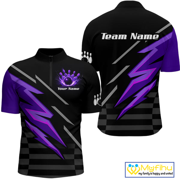Black and Purple Lightning Bowling Polo, Quarter Zip Shirt for Men Custom Bowling Team League Jersey NQS10907