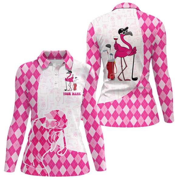 Pink argyle plaid pattern flamingo golf wine Women golf polos shirt custom funny golf shirt for ladies NQS6885