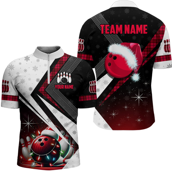 Red Christmas Bowling Polo, 1/4 zip shirts For Men Custom Team Bowling Jerseys Xmas Gift For Bowlers NQS8981