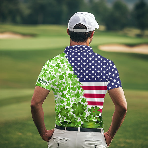 American flag St Patrick day shamrock golf pattern custom Mens golf polo shirts, golf outfits men NQS9580