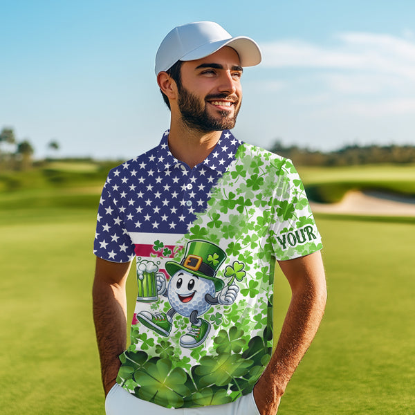 American flag St Patrick day shamrock golf pattern custom Mens golf polo shirts, golf outfits men NQS9580