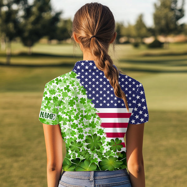 American flag St Patrick day shamrock golf pattern custom Women golf polo shirts, golf outfits ladies NQS9580