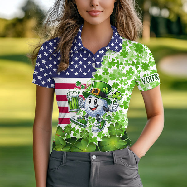 American flag St Patrick day shamrock golf pattern custom Women golf polo shirts, golf outfits ladies NQS9580