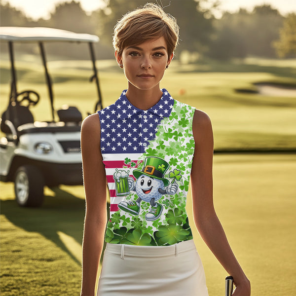 American flag St Patrick day shamrock pattern custom Women sleeveless polo shirt, golf outfits ladies NQS9580