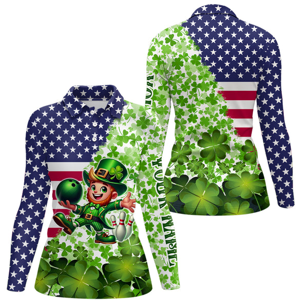 American flag St Patrick day shamrock pattern custom Team Bowling Polo, Quarter Zip shirt for Women NQS9581