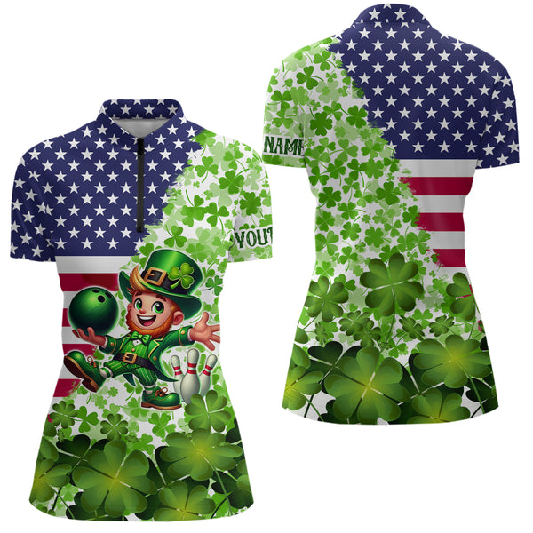 American flag St Patrick day shamrock pattern custom Team Bowling Polo, Quarter Zip shirt for Women NQS9581
