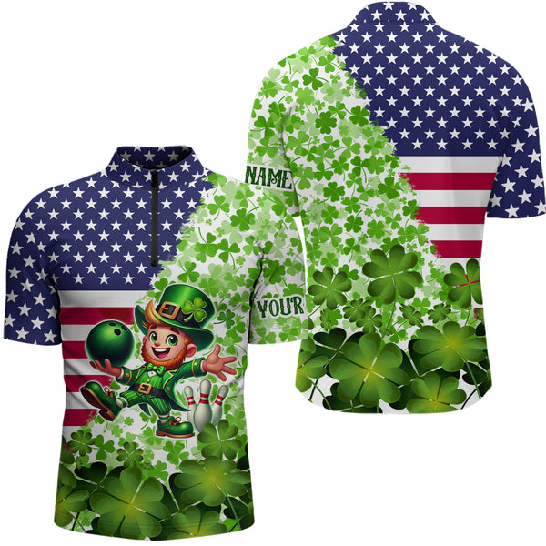 American flag St Patrick day shamrock pattern custom Team Bowling Polo, Quarter Zip shirt for Men NQS9581