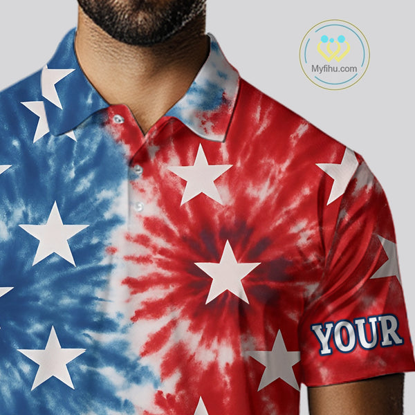 American Flag Tie dye pattern Mens golf polo shirts custom name patriotic golf attire for mens NQS9990