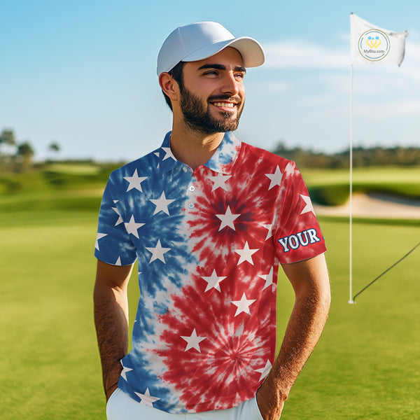 American Flag Tie dye pattern Mens golf polo shirts custom name patriotic golf attire for mens NQS9990