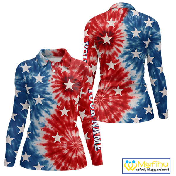 American Flag Tie dye pattern Womens golf polo shirt custom patriotic golf attire for ladies NQS9990