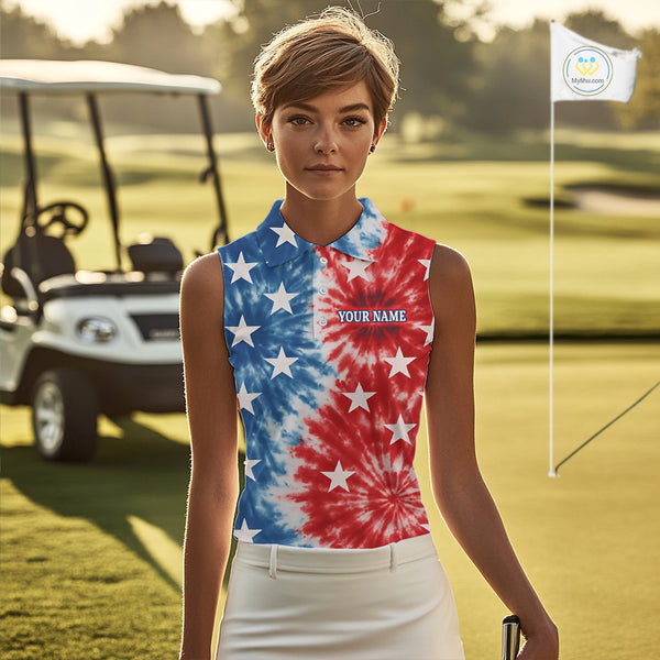 American Flag Tie dye pattern Womens sleeveless golf polo shirt custom patriotic golf attire for ladies NQS9990