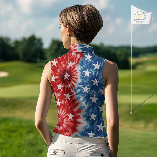 American Flag Tie dye pattern Womens sleeveless golf polo shirt custom patriotic golf attire for ladies NQS9990