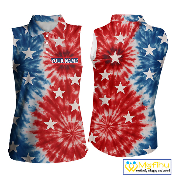 American Flag Tie dye pattern Womens sleeveless golf polo shirt custom patriotic golf attire for ladies NQS9990
