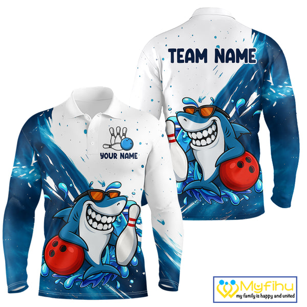 White and Blue Camo Shark Bowling polo, quarter zip shirts for Men Custom funny bowling team shirts NQS10280