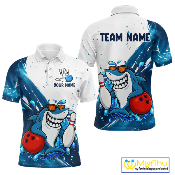 White and Blue Camo Shark Bowling polo, quarter zip shirts for Men Custom funny bowling team shirts NQS10280