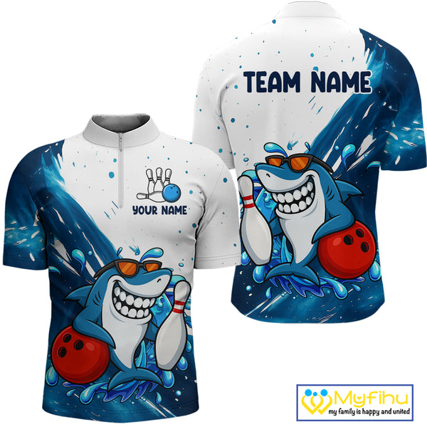 White and Blue Camo Shark Bowling polo, quarter zip shirts for Men Custom funny bowling team shirts NQS10280