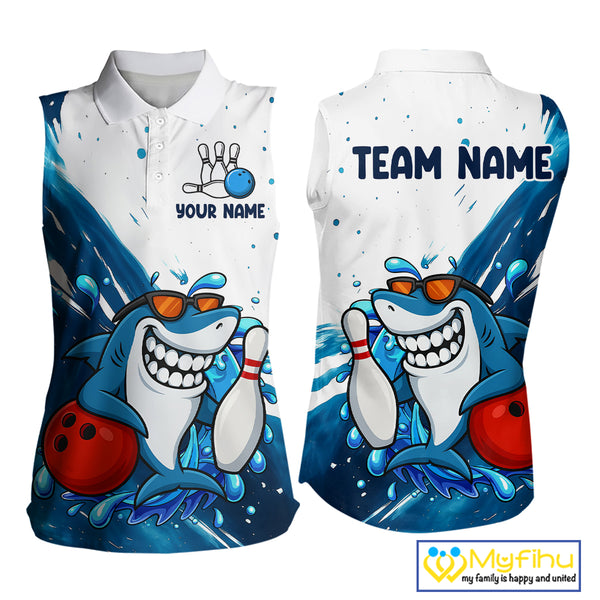 White and Blue Camo Shark Bowling Sleeveless Polo shirt Custom funny bowling team shirts NQS10280